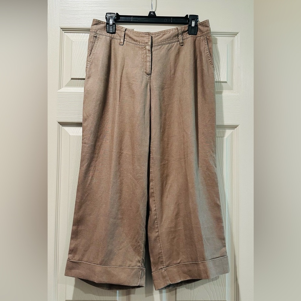 J. JILL WIDE LEG CROP LINEN PANTS 100% LINEN TAN/BROWN TROUSERS SIZE 8 Petite